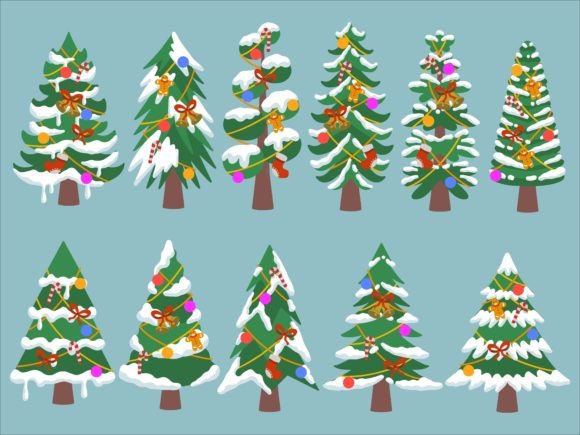 Christmas Tree Snow with Ornaments: Festive Illustrations