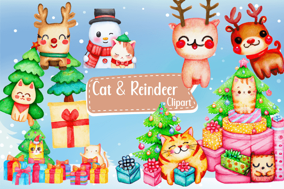 Watercolor Cat Christmas Reindeer Tree Illustrations